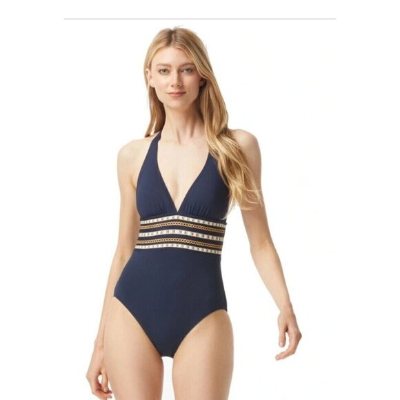 MICHAEL Kors Halter One Piece Swimsuit - Chain Border. Size 14. - Picture 1 of 4